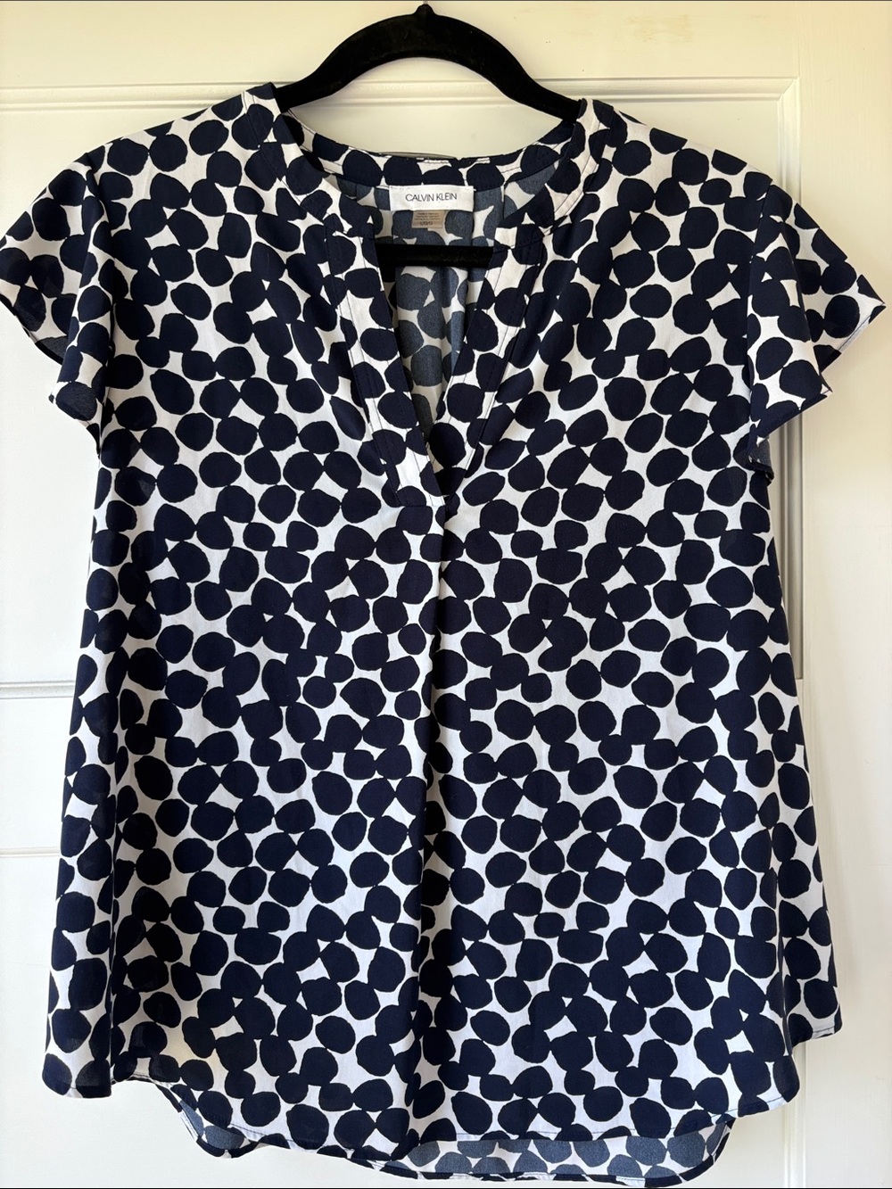 Calvin Klein Navy and White Dot-Print Cap Sleeve Blouse